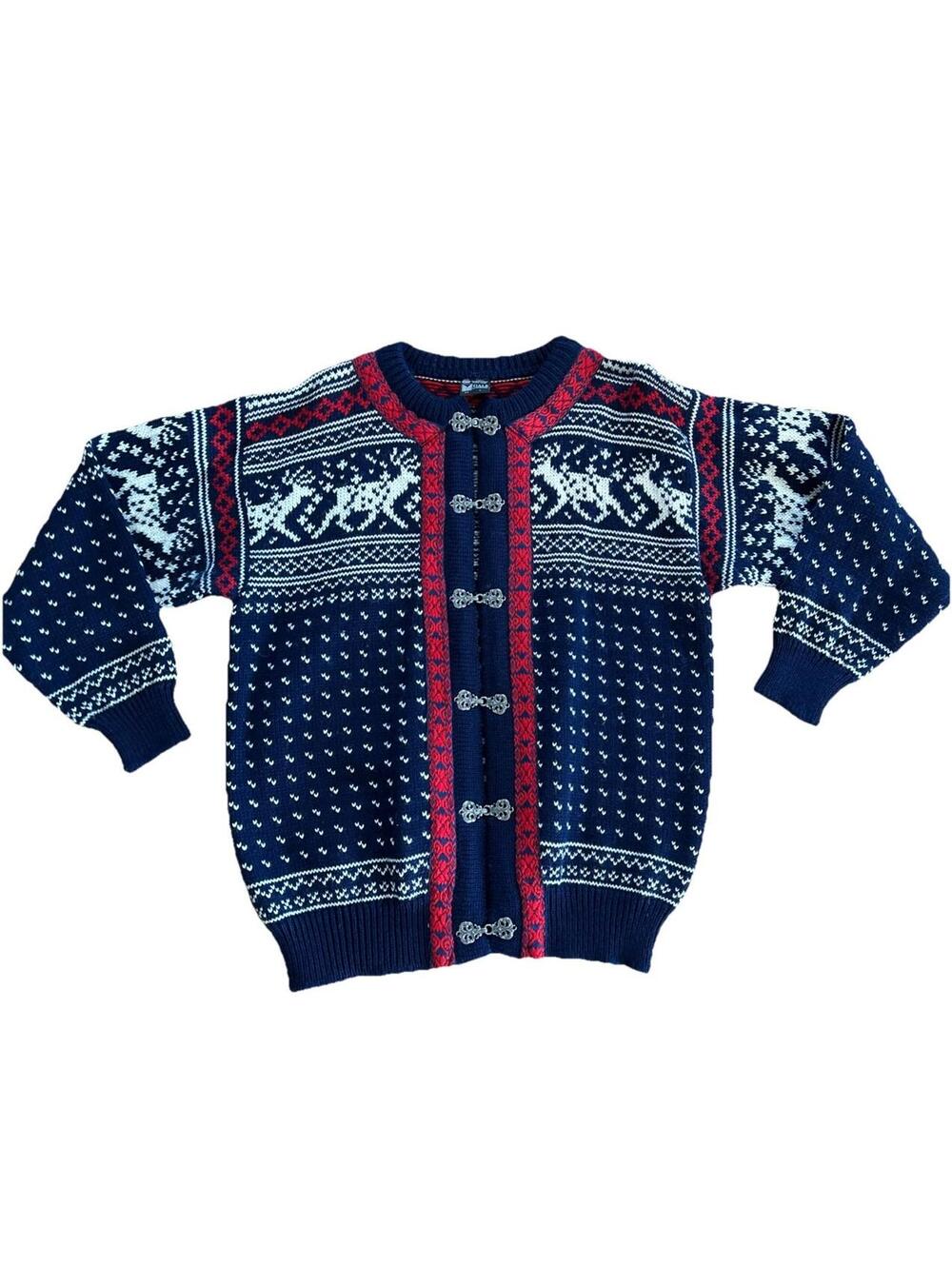 Dale of Norway Cardigan Sweater Size L Blue Red Reindeer Nordic Fair Isle Wool